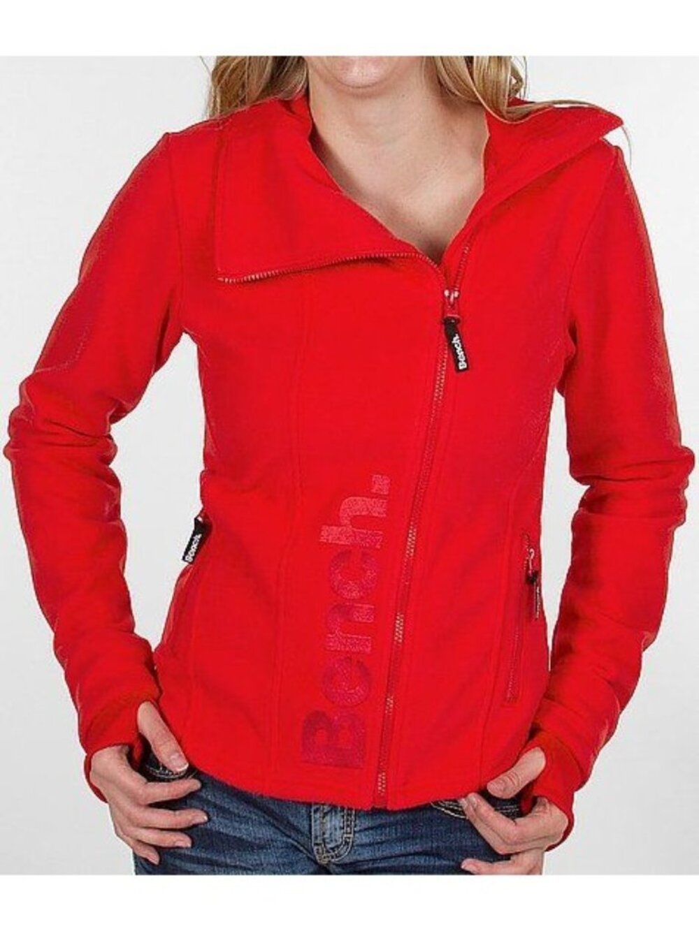 Bench Womens Red Fleece Zip-Up Jacket Small With Thumbhole Cuffs & High Collar